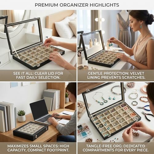 Stratalife 30 Grid Earring Organizer, Jewelry Holder Organizer with Lid | PU Leather Storage Box for Earring, Ring, Studs and Trinkets, Soft Velvet Drawer Organizer for Women, Dustproof, Beige Black