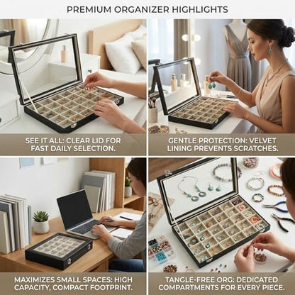 Stratalife 30 Grid Earring Organizer, Jewelry Holder Organizer with Lid | PU Leather Storage Box for Earring, Ring, Studs and Trinkets, Soft Velvet Drawer Organizer for Women, Dustproof, Beige Black