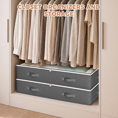 Under Bed Storage Containers, Storage Bins with Clear Lids | 4 Pack foldable organizers for clothes, blankets, shoes, bed sheets, comforter, wrapping paper, dorm storage