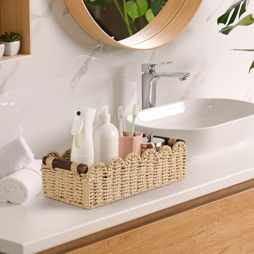 Bathroom Decor Basket for Toilet Paper Storage Baskets For Organizing | For Bedroom Living Room Kitchen Home Decor Scalloped Cute Basekt With Handle for Apartment Countertop,Beige