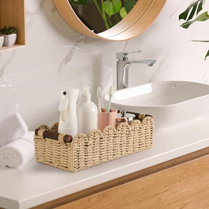Bathroom Decor Basket for Toilet Paper Storage Baskets For Organizing | For Bedroom Living Room Kitchen Home Decor Scalloped Cute Basekt With Handle for Apartment Countertop,Beige
