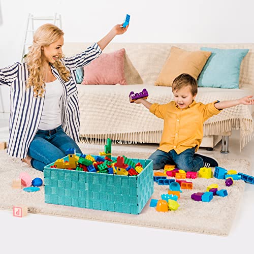 Storage Baskets with Lids: 6 Pack Stackable Woven Storage Bins, Aqua | Decorative Woven Baskets for Organizing with Built-In Handles for Shelves, Closets, Cabinets and Cubbies, Gift Small Basket