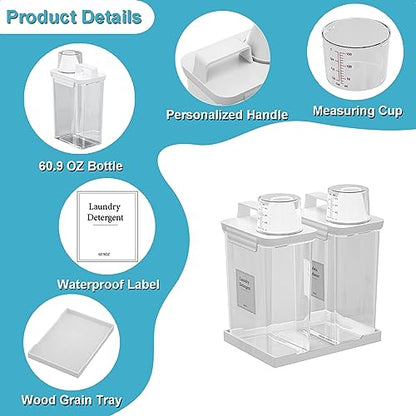 61OZ Laundry Detergent Dispenser Container, 2 Pack Liquid Laundry Dispenser, Plastic Detergent Dispensers for Laundry Powder/Fabric Softener with Tray 6 Labels, Clear