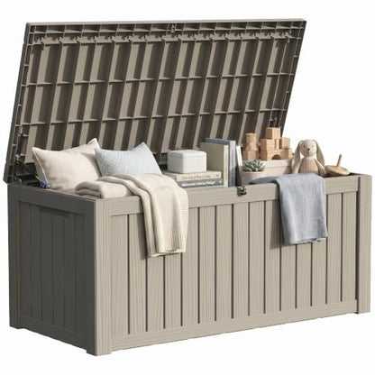 150 Gallon Outdoor Deck Box Waterproof, Large Storage Box for Patio, Resin Storage Bench Lockable for Garden Tools, Package Delivery, Grey