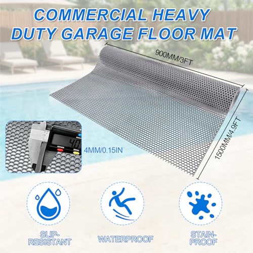 WochiTV Drainage Mat, 4mm PVC Hexagonal Non-Slip Pool Floor Mat, Anti-Fatigue Splash Matting for Swimming Pool, Patio, Garage, Bathroom, Kitchen - Heavy Duty Cuttable Roll, 3x4.9Ft Grey
