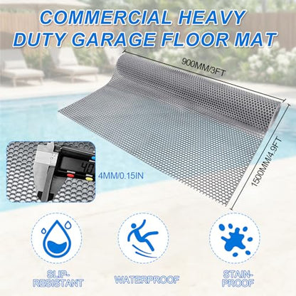 WochiTV Drainage Mat, 4mm PVC Hexagonal Non-Slip Pool Floor Mat, Anti-Fatigue Splash Matting for Swimming Pool, Patio, Garage, Bathroom, Kitchen - Heavy Duty Cuttable Roll, 3x4.9Ft Grey