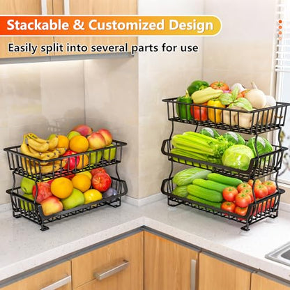 Gsiekare 3-Tier Rolling Pantry Organizer and Storage Cart with Wheels | Stackable wire pantry baskets for pantry shelves, fruit basket stand, easy to move, storage rack for food snack onion potato