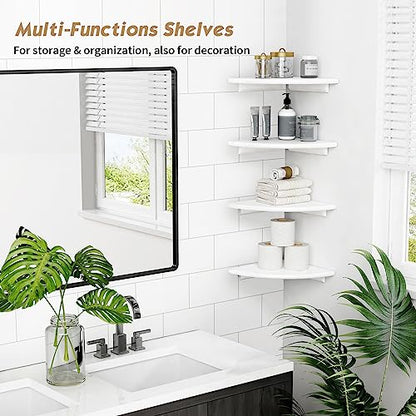 Forbena White Corner Floating Shelves for Wall Set of 4, Rounded Corner Shelves Wall Mounted for Kids Bedroom Books, Cute Wood Hanging Corner Shelf for Bathroom Decor, Living Room, Small Spaces