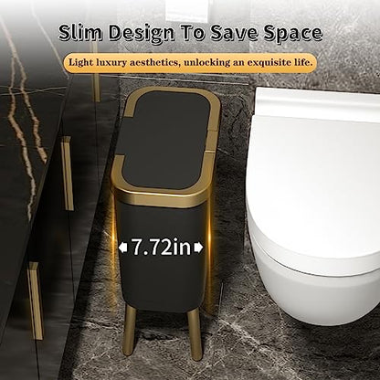 Procade Office Trash Can with Lid, Black Bathroom Trash Can with Gold Edge, Modern Narrow Garbage Can with Legs, Slim Plastic Trash Bin for Bedroom, Living Room,Kitchen,Toilet, 4 Gallon