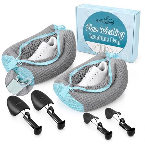 Shoe Washing Machine Bag with Adjustable Shoe Trees for Sneakers | 2 Pack Shoe Laundry Bags for Tennis Shoes, XXL Size, 4 Shoe Trees for Men & Women, Sturdy Zipper Hook, Premium Box Packaging
