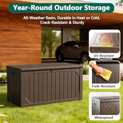 Outdoor Storage Box, 98 Gallon Deck Box, Outdoor Storage Bench, Waterproof Resin Storage Bench with Lockable Lid, Patio Furniture Cushions & Garden Tools Storage, UV Resistant (Brown)