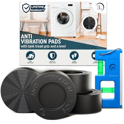 Anti Vibration Pads for Washing Machine with Tank Tread Grip™ - 8 Pack + Level - Fits MOST Round Feet up to 1.75” - Stops Washer Dryer from Moving - Rubber Antivibration Stabilizer for Leveling Washer