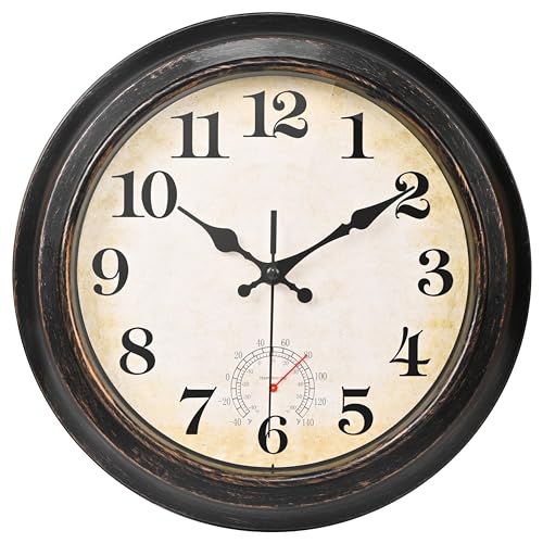 Yoiolclc 12 Inch Outdoor Clock Waterproof with Thermometer Retro Wall Clock for Garden Patio Pool Home(Bronze)