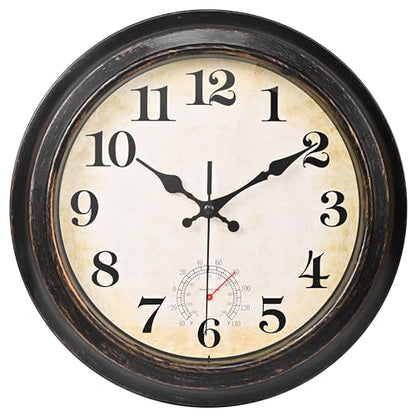 Yoiolclc 12 Inch Outdoor Clock Waterproof with Thermometer Retro Wall Clock for Garden Patio Pool Home(Bronze)