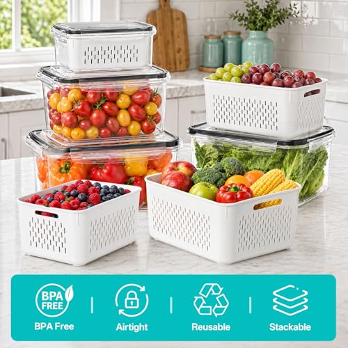 HOMETALL 4 Pack Fruit Storage Containers for Fridge Set, Produce Containers | for Fridge with Strainer, Plastic Reusable Fridge Organizers and Storage for Berry Salad Lettuce, Size 3.4, 1.8, 0.9, 0.4QT