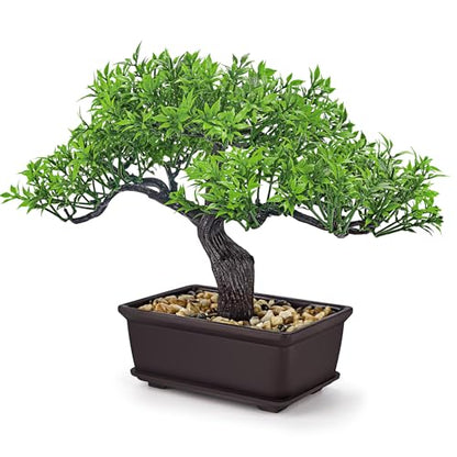 Der Rose Small Fake Bonsai Tree Ficus Decor Fake Plant for Shelf Desk Decor | 8" artificial bonsai tree with textured trunk, broad canopy and pebble base for bathroom desk shelf, Japanese and Zen decor