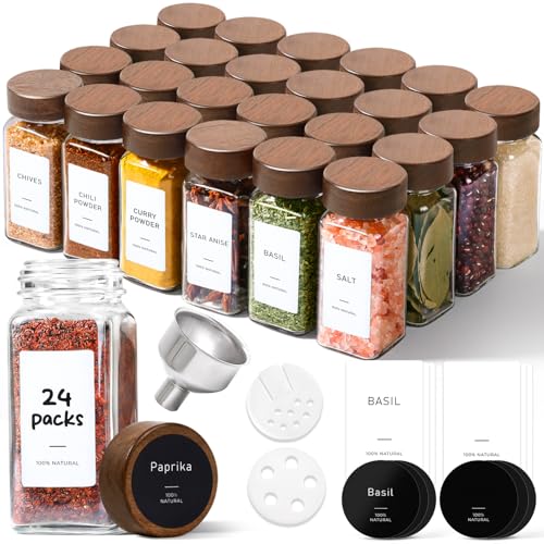 ComSaf Glass Spice Storage Jars with Acacia Wood Lids & Labels 4Oz 24Pack