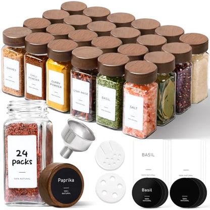 ComSaf Glass Spice Storage Jars with Acacia Wood Lids & Labels 4Oz 24Pack