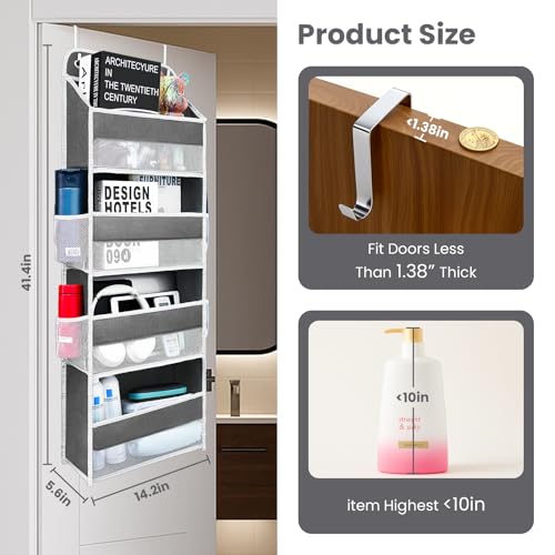 Over The Door Organizer 4 Shelves & 4 Side Pockets, Large Storage Rack | Anti-Tilt Hanging Door Storage for Closet, Heavy-Duty Mesh Shelf for Bathroom Closet Toy Organization Shoes Towels, Grey