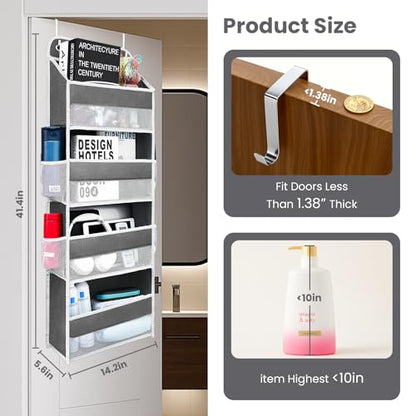 Over The Door Organizer 4 Shelves & 4 Side Pockets, Large Storage Rack | Anti-Tilt Hanging Door Storage for Closet, Heavy-Duty Mesh Shelf for Bathroom Closet Toy Organization Shoes Towels, Grey