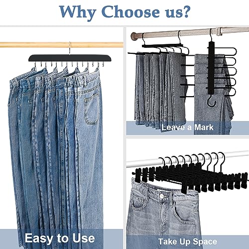 Jean Hangers for Closet, 14 Wood Jeans Hooks Space Saving, 180° Rotating Jean Hangers for Skirts/Shorts/Belts/Ties, Closet Organizers and Storage, Pants Hooks for Jeans, 2 Pack, Black