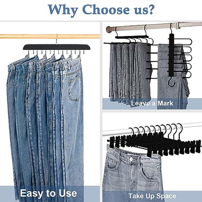 Jean Hangers for Closet, 14 Wood Jeans Hooks Space Saving, 180° Rotating Jean Hangers for Skirts/Shorts/Belts/Ties, Closet Organizers and Storage, Pants Hooks for Jeans, 2 Pack, Black