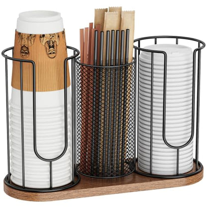 Coffee Cup Dispenser, Coffee Cup and Lid Holder, 3... (Black 1 | Wood)