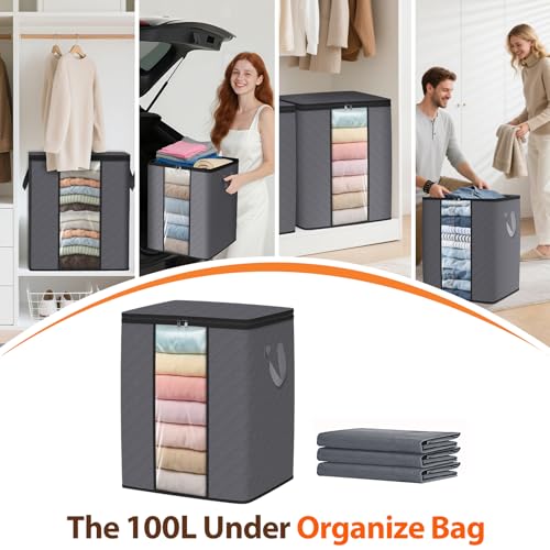 SpaceWhisper 3 Pack 100L Clothes Storage, Foldable Storage Bags, Grey | Thick Fabric, Clear Window, with Reinforced Handle, for Clothing, Blanket, Comforters, Bedding Organizing