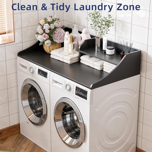 2-Tier 54" Width Washer Dryer Countertop for Laundry Room Organization | Depth Laundry Countertop Organization with Edge Wooden Washer and Dryer Topper for Folding Sorting & Ironing Easy to Install