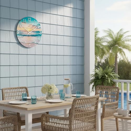 12 Inch Outdoor Clock – Waterproof Tempered Glass with Sunset Beach Scene, UV Resistant, Battery Operated, Silent, Coastal Decor for Patio, Pool, Garden, Porch & Bathroom