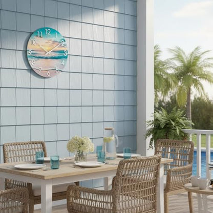 12 Inch Outdoor Clock – Waterproof Tempered Glass with Sunset Beach Scene, UV Resistant, Battery Operated, Silent, Coastal Decor for Patio, Pool, Garden, Porch & Bathroom