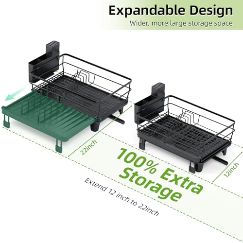 TOOLF Expandable Dish Drying Rack for Kitchen Counter, Black | Extendable 12"-22"W, Fast Draining, Large Capacity, Fits Large Plates, Utensil Holder, 3-4 People Family