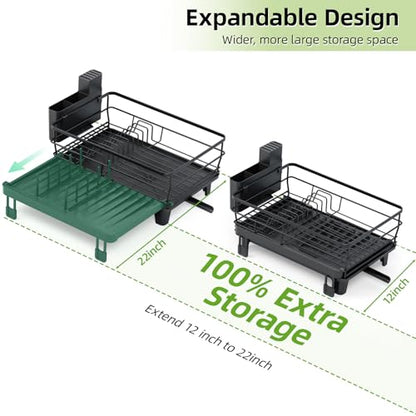 TOOLF Expandable Dish Drying Rack for Kitchen Counter, Black | Extendable 12"-22"W, Fast Draining, Large Capacity, Fits Large Plates, Utensil Holder, 3-4 People Family