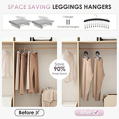 Wooden Leggings Hangers, Scarf Hangers for Closet, Black, 2 Pcs | 24 Clips, 360° Swivel Hook, Hanging Storage Organizer for Scarves, Pants, Hats, Skirts, Bras, Camisoles, Tank tops, Gloves