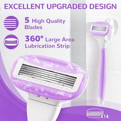 Razors for Women with 2 Handles 14 Cartridges and a Shower Holder, Purple | 5 Premium Blades Women's Razors for Shaving with 360° Lubrication Reduces Irritation