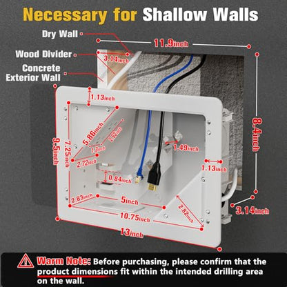 in-Wall TV Box with Flange for Home Theater Installation, 11.9" x 8.4" Cord Hider for Wall Mounted TV, with 2 Outlets, Cable Bracket, LV Cable & 1-1/2" ENT Entrance, Ideal for New or Retrofit Job
