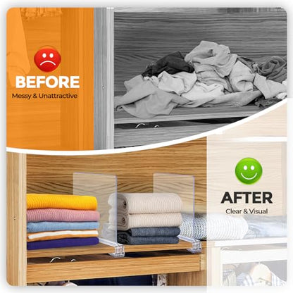 Clear Acrylic Shelf Dividers for Closets Organizer & Storage,8 Pack | Adjustable Vertical Wood Shelf Closet Separators, Keep Clean, for Clothes,Book,Bags, in Bedroom and Kitchen
