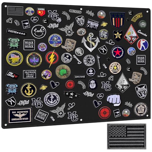 Tactical Board Patch Organizer Holder Display with Loop Surface, Steel Ring and Flag Patch (M: 85 x 70CM/ 33" x 27.5" x 17.7", Black + Flag)