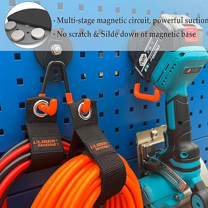 ULIBERMAGNET Heavy Duty Magnetic Garage Hooks,4 Pack Strong Large Magnet Hooks for Power Drill,Garden Tools,Hose,Pegboard,Garage, Workshop,Magnetic Storage Hooks for Indoor Outdoor Hanging(Orange)