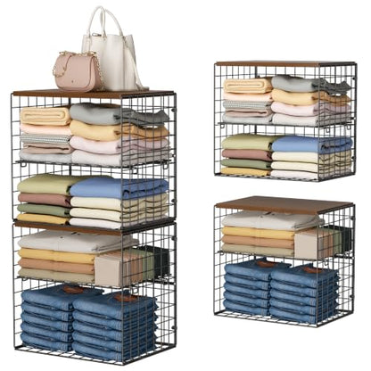 Huxitocan 4-Tier Stackable Closet Organizers and Storage Shelves, Closet Storage Basket with Wood Tops, Adjustable Height Dividers Closet Storage Bins for Home Closet Organizer System, Black