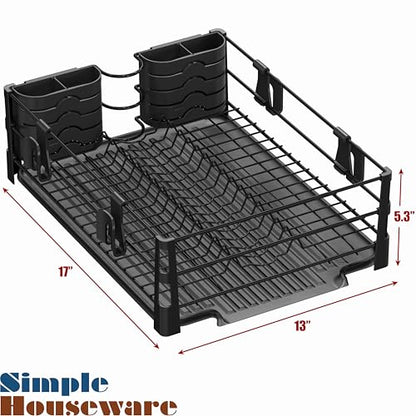 Simple Houseware Dish Drying Rack, Black | with Drainboard, Utensil Holder and Mug Hooks