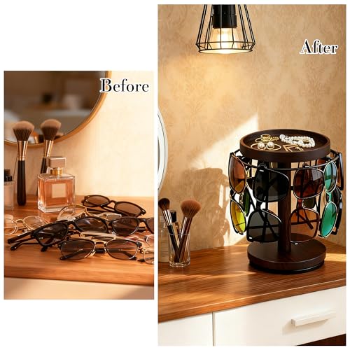 Sunglasses Organizer 360° Rotating Eyeglass Holder Stand with Wood Tray and Base, Eye Glass Display Rack for Multiple Sunglass Storage for Table Dresser Nightstand Desk