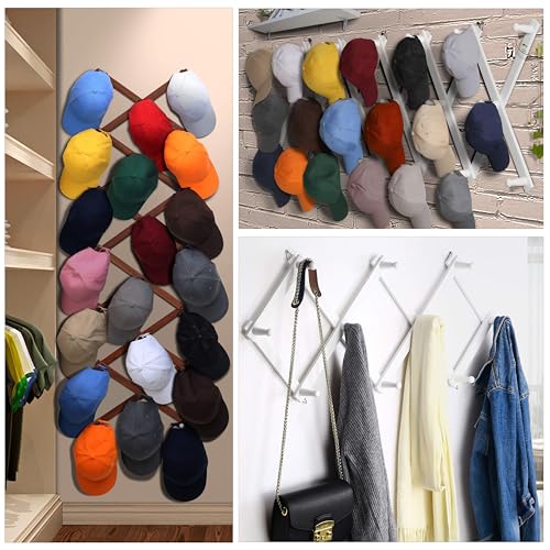 Accordian Wall Hanger: 16” High Wooden Wall Expandable Coat Rack, Hat Rack Holder, Accordion Hook for Baseball Caps, Coats, Mugs, 16 Peg Hooks, White