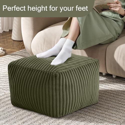 MeMoreCool Square Pouf Ottoman Foot Rest, 15 Inch Faux Fur Pouf, Green | Fluffy faux fur square floor pouf, foam filled footrest footstool for living room couch or dorm