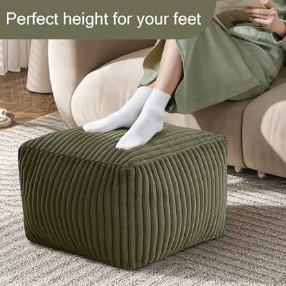 MeMoreCool Square Pouf Ottoman Foot Rest, 15 Inch Faux Fur Pouf, Green | Fluffy faux fur square floor pouf, foam filled footrest footstool for living room couch or dorm