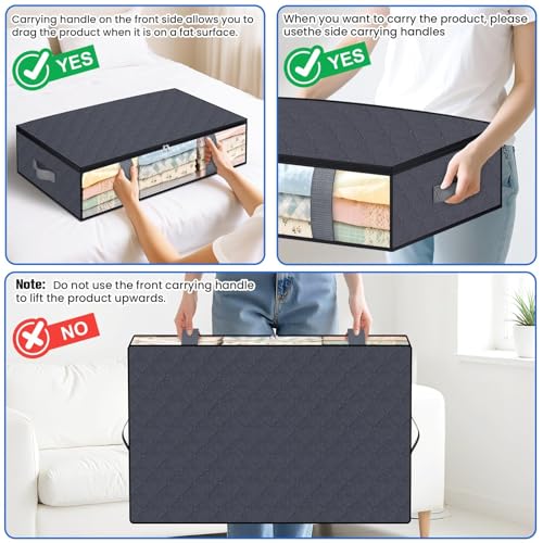 Under Bed Storage Containers, 4 Pack Blanket Storage Bags, Collapsible Storage Bags with Big Zippers, Clear Front, Shoe Storage and Organization for Clothes, Comforter, 60L, Grey
