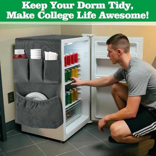 55" x 13" Mini Fridge Organizer for College Dorm Room Essentials | Over the Fridge Storage Organizer with 4 Different Size Pockets for Dorms & Office Flatware, Dorm Essentials for Guys