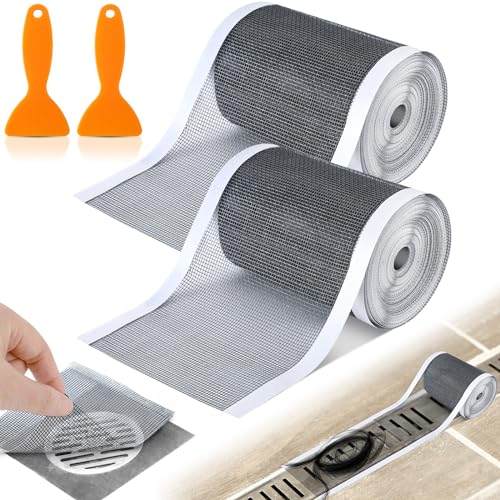 2 Pack 4 Inch x 33 ft Linear Shower Drain Hair Catcher Screen Disposable Adhesive Cutable Mesh Shower Drain Cover Stickers for Linear DIY Floor with Removal Tool for Bathroom Kitchen Bathtub