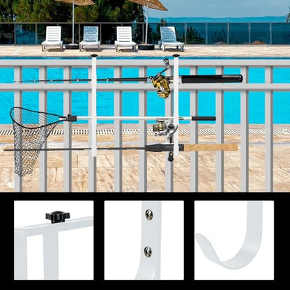 2Pcs White Pool Pole Hangers, Adjustable Heavy Duty Swimming Pool Fence Hooks for Pool Equipment, Skimmers, Leaf Rakes, Nets, Brushes, Vacuum Hose, Garden Tool Organizer