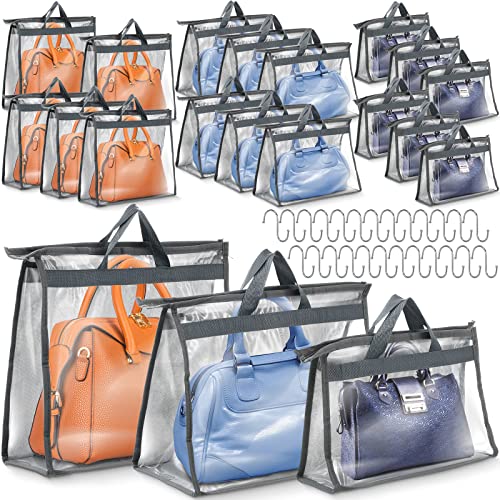 Chumia 20 Pack Dust Bags for Handbags Clear Handbag Storage Organizer, 3 Sizes Purse Storage Organizer for Closets Dust Cover Purse Protector Bag with Zipper and Handles with 25 Pcs S Hooks(Grey)